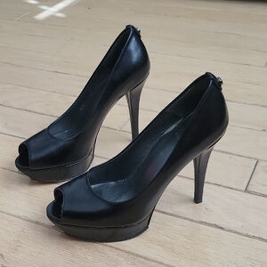 Stuart Weitzman Black Leather Peep Toe Heels